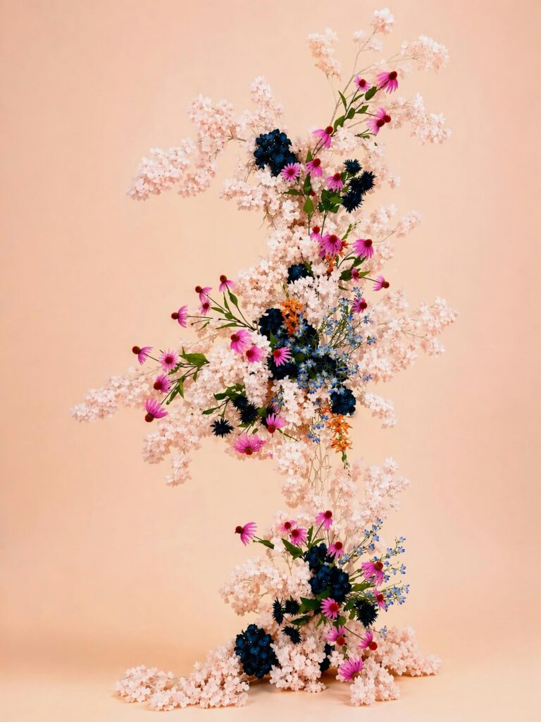 Kaskadenförmiges Blumenarrangement mit rosa und blauen Blüten