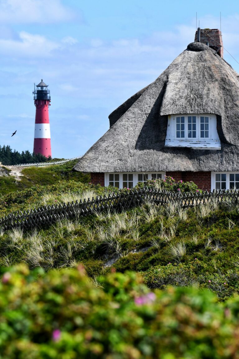 Reetdachhaus und rot-weißer Leuchtturm in den Dünen, Kulisse für das Heiraten auf Sylt