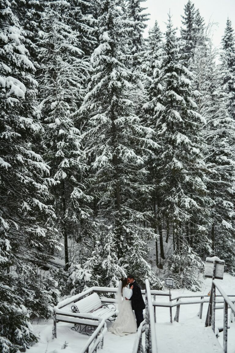 Winterhochzeit: Brautpaar steht auf einer Brücke im Schnee