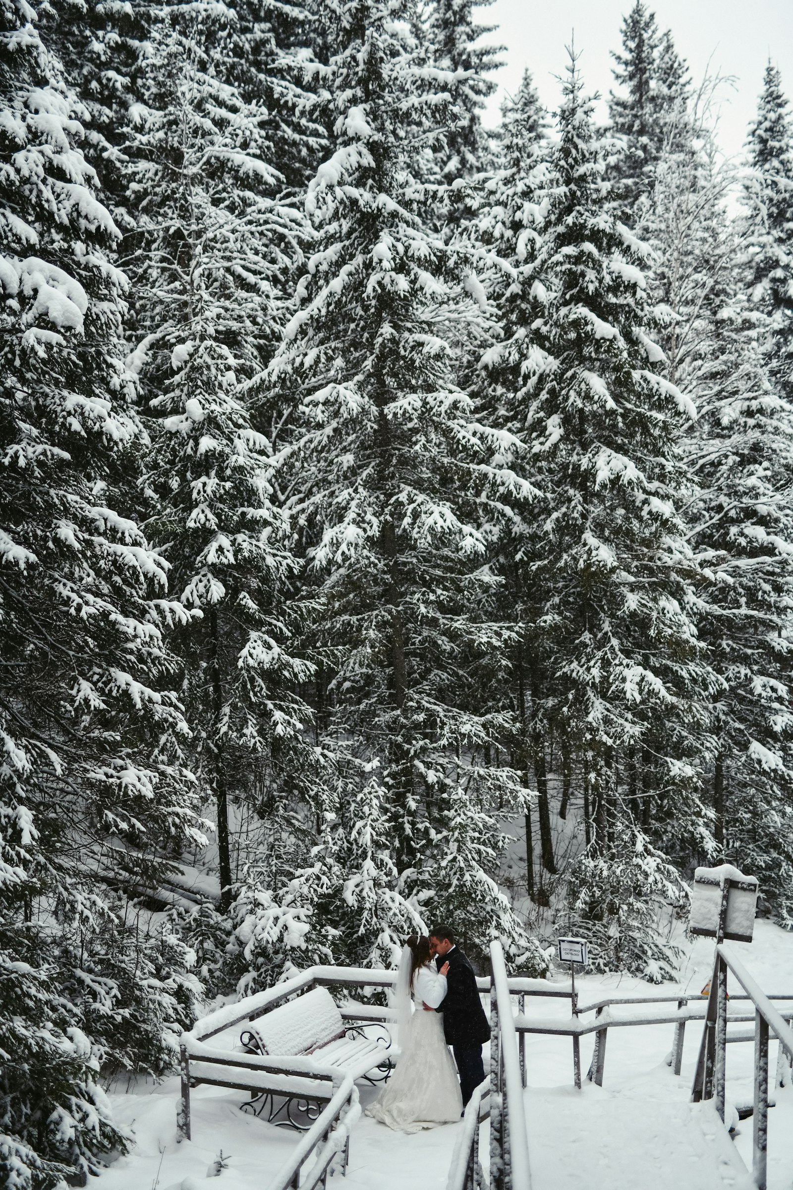 Winterhochzeit: Brautpaar steht auf einer Brücke im Schnee